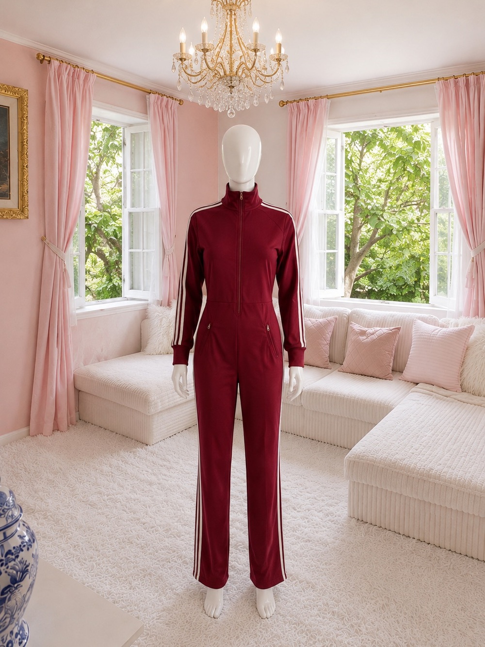 Marshalls Burgundy Track Jumpsuit with White Stripe Accents